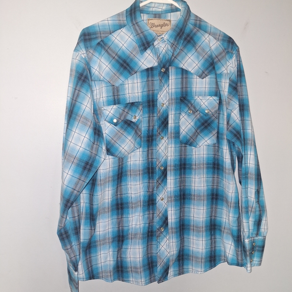 Wrangler Western Fasion Pearl Snap Buttons Shirt Mens Sz Large L Blue